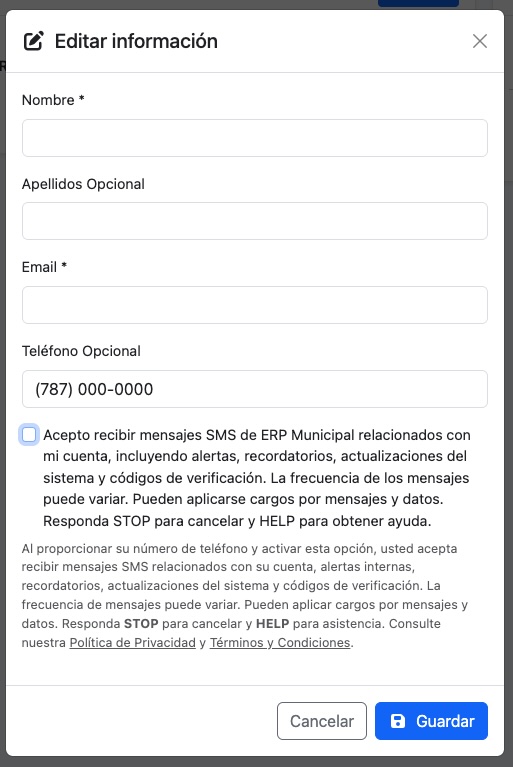 ERP Municipal SMS consent screenshot